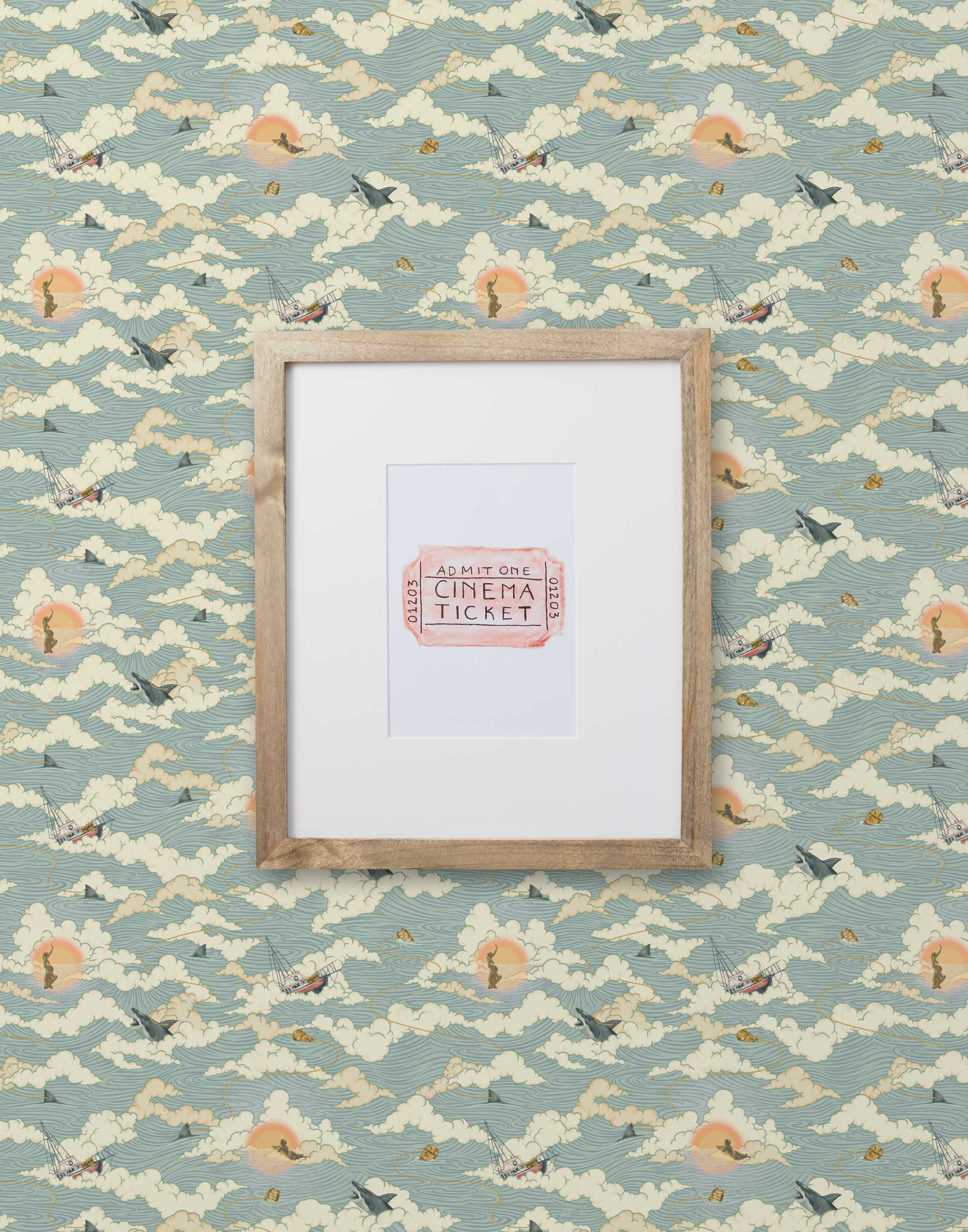 Amity Sunset (Sky) Wallpaper with dusty blue, cream and orange illustrations depicts scenes from the iconic movie Jaws and was created in collaboration with Universal | Hygge & West
