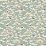 Amity Sunset (Sky) Wallpaper with dusty blue, cream and orange illustrations depicts scenes from the iconic movie Jaws and was created in collaboration with Universal | Hygge & West