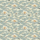 Amity Sunset (Sky) Wallpaper with dusty blue, cream and orange illustrations depicts scenes from the iconic movie Jaws and was created in collaboration with Universal | Hygge & West