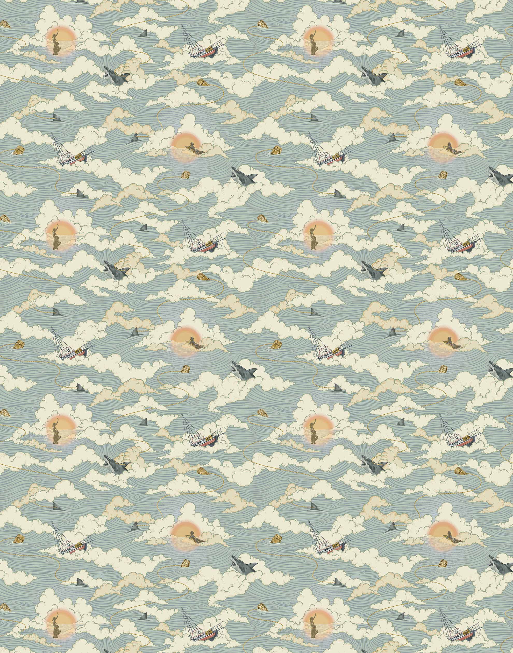 Amity Sunset (Sky) Wallpaper with dusty blue, cream and orange illustrations depicts scenes from the iconic movie Jaws and was created in collaboration with Universal | Hygge & West
