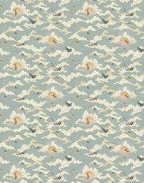 Amity Sunset (Sky) Wallpaper with dusty blue, cream and orange illustrations depicts scenes from the iconic movie Jaws and was created in collaboration with Universal | Hygge & West
