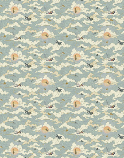 Amity Sunset (Sky) Wallpaper with dusty blue, cream and orange illustrations depicts scenes from the iconic movie Jaws and was created in collaboration with Universal | Hygge & West