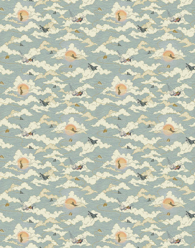 Amity Sunset (Sky) Wallpaper with dusty blue, cream and orange illustrations depicts scenes from the iconic movie Jaws and was created in collaboration with Universal | Hygge & West