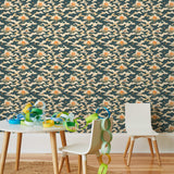 Amity Sunset (Indigo) Wallpaper with navy blue, white, and orange illustrations depicts scenes from the iconic movie Jaws and was created in collaboration with Universal | Hygge & West