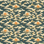 Amity Sunset (Indigo) Wallpaper with navy blue, white, and orange illustrations depicts scenes from the iconic movie Jaws and was created in collaboration with Universal | Hygge & West