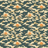 Amity Sunset (Indigo) Wallpaper with navy blue, white, and orange illustrations depicts scenes from the iconic movie Jaws and was created in collaboration with Universal | Hygge & West