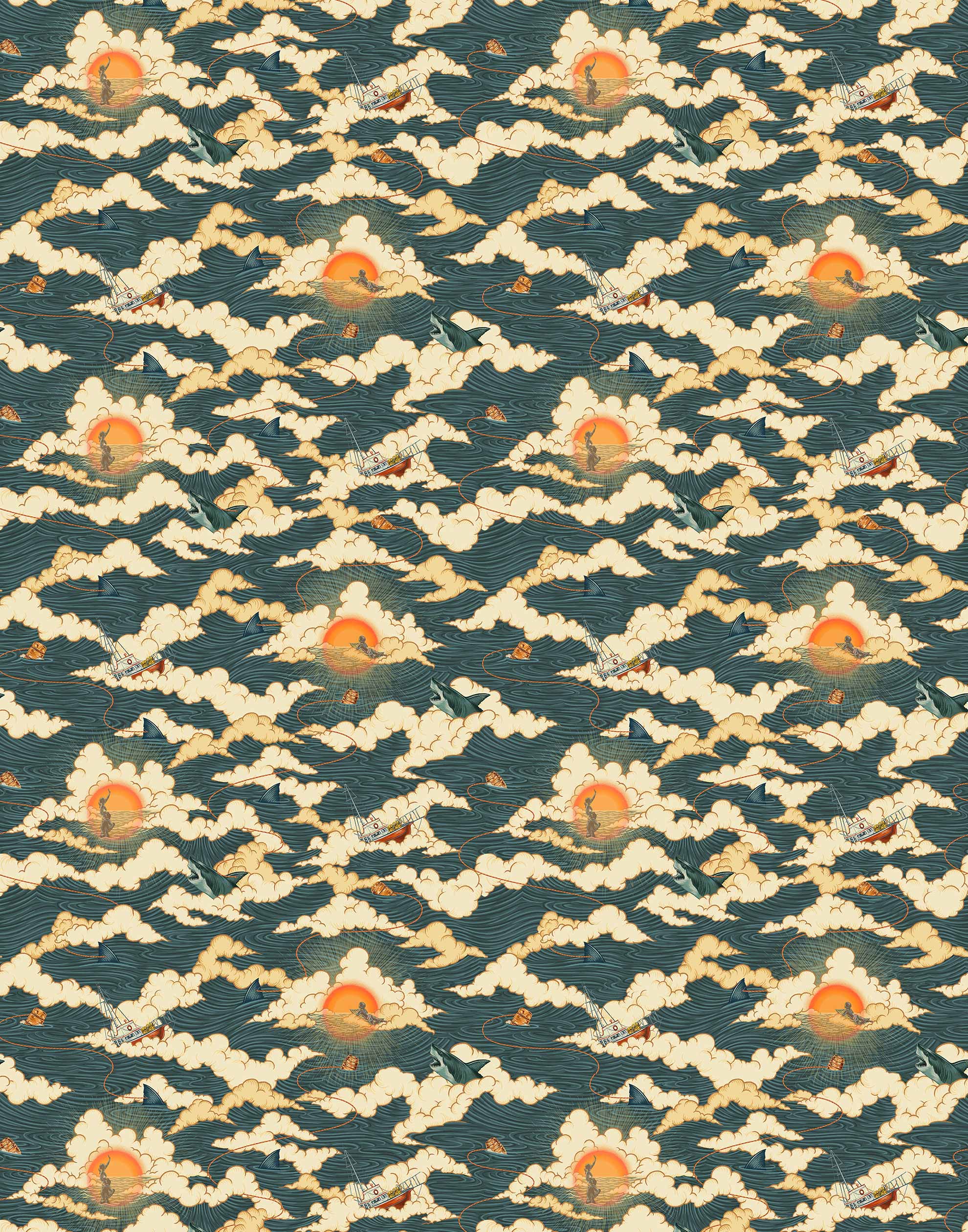 Amity Sunset (Indigo) Wallpaper with navy blue, white, and orange illustrations depicts scenes from the iconic movie Jaws and was created in collaboration with Universal | Hygge & West