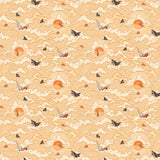 Amity Sunset (Blush) Wallpaper with pink, orange, and white illustrations depicts scenes from the iconic movie Jaws and was created in collaboration with Universal | Hygge & West