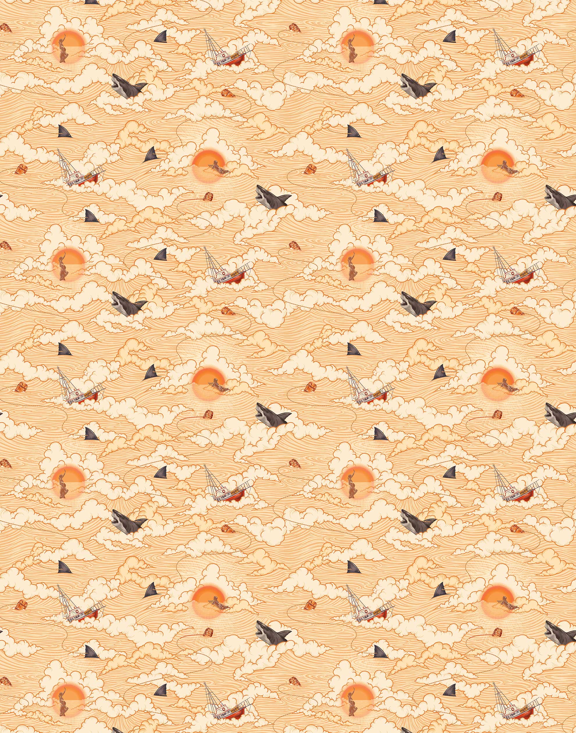 Amity Sunset (Blush) Wallpaper with pink, orange, and white illustrations depicts scenes from the iconic movie Jaws and was created in collaboration with Universal | Hygge & West