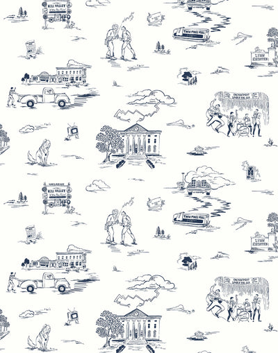 Hill Valley Toile (Denim) Wallpaper with navy blue illustrations on a white background depicts scenes from the iconic movie Back to the Future and was created in collaboration with Universal | Hygge & West