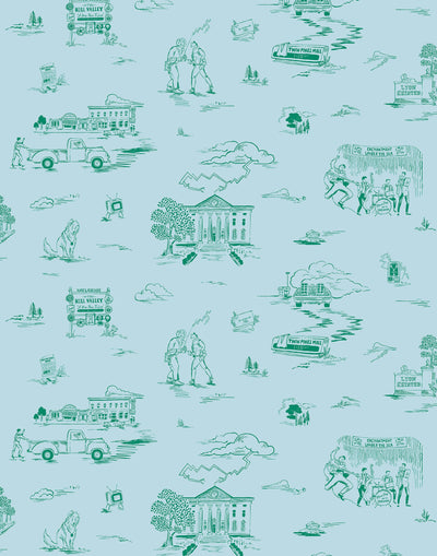 Hill Valley Toile (Sky) Wallpaper with green illustrations on a light blue background depicts scenes from the iconic movie Back to the Future and was created in collaboration with Universal | Hygge & West