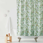 Dinosaur illustrated shower curtain inspired by the movie Jurassic Park | kids shower curtain | nursery shower curtain | light blue background with green and brown illustrations
