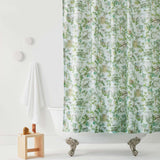 Dinosaur illustrated shower curtain inspired by the movie Jurassic Park | kids shower curtain | nursery shower curtain | light blue background with green and brown illustrations