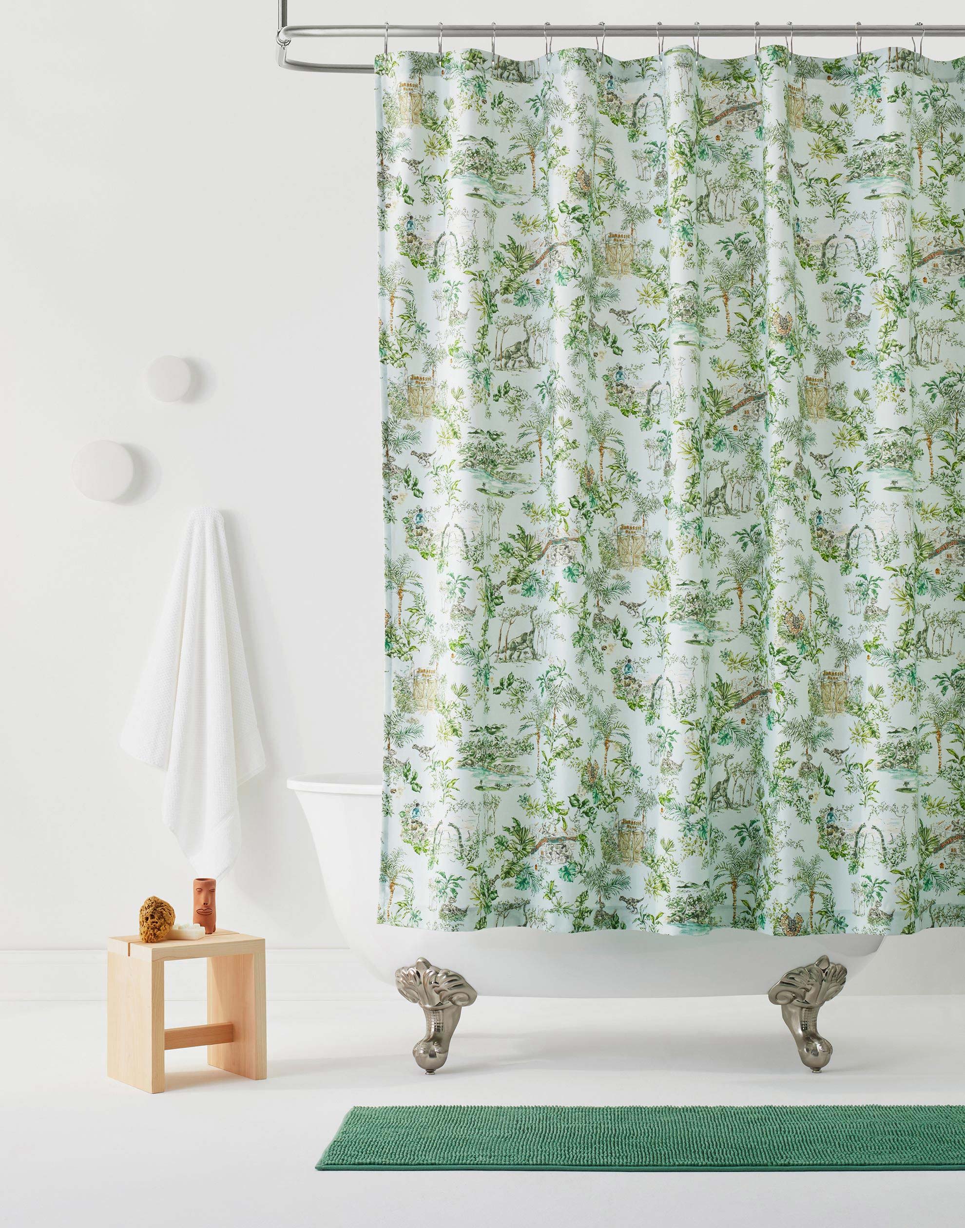 Dinosaur illustrated shower curtain inspired by the movie Jurassic Park | kids shower curtain | nursery shower curtain | light blue background with green and brown illustrations