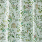 Dinosaur illustrated shower curtain inspired by the movie Jurassic Park | kids shower curtain | nursery shower curtain | light blue background with green and brown illustrations