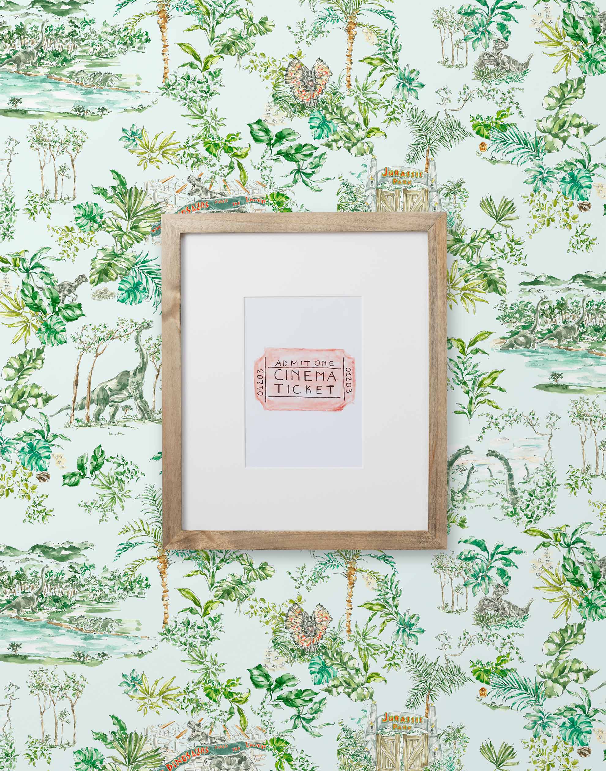 Dinosaur illustrated wallpaper inspired by the movie Jurassic Park | kids wallpaper | nursery wallpaper | Light blue background with green and brown illustrations