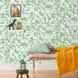 Dinosaur illustrated wallpaper inspired by the movie Jurassic Park | kids wallpaper | nursery wallpaper | Light blue background with green and brown illustrations