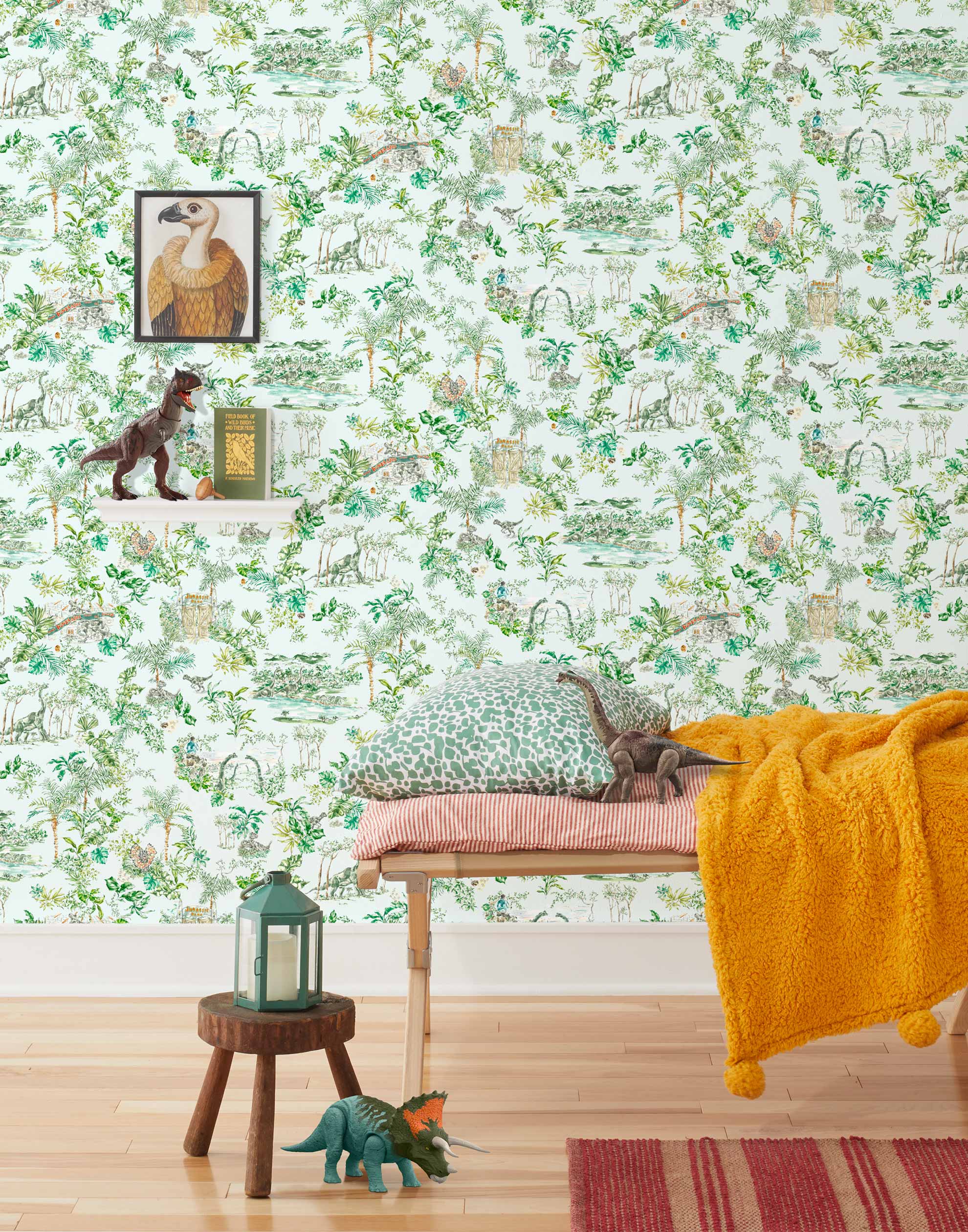 Dinosaur illustrated wallpaper inspired by the movie Jurassic Park | kids wallpaper | nursery wallpaper | Light blue background with green and brown illustrations