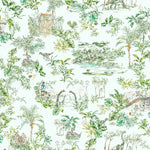 Dinosaur illustrated wallpaper inspired by the movie Jurassic Park | kids wallpaper | nursery wallpaper | Light blue background with green and brown illustrations