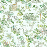 Dinosaur illustrated wallpaper inspired by the movie Jurassic Park | kids wallpaper | nursery wallpaper | Light blue background with green and brown illustrations