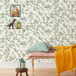 Dinosaur illustrated wallpaper inspired by the movie Jurassic Park | kids wallpaper | nursery wallpaper | off white background with brown and green illustrations