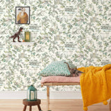 Dinosaur illustrated wallpaper inspired by the movie Jurassic Park | kids wallpaper | nursery wallpaper | off white background with brown and green illustrations