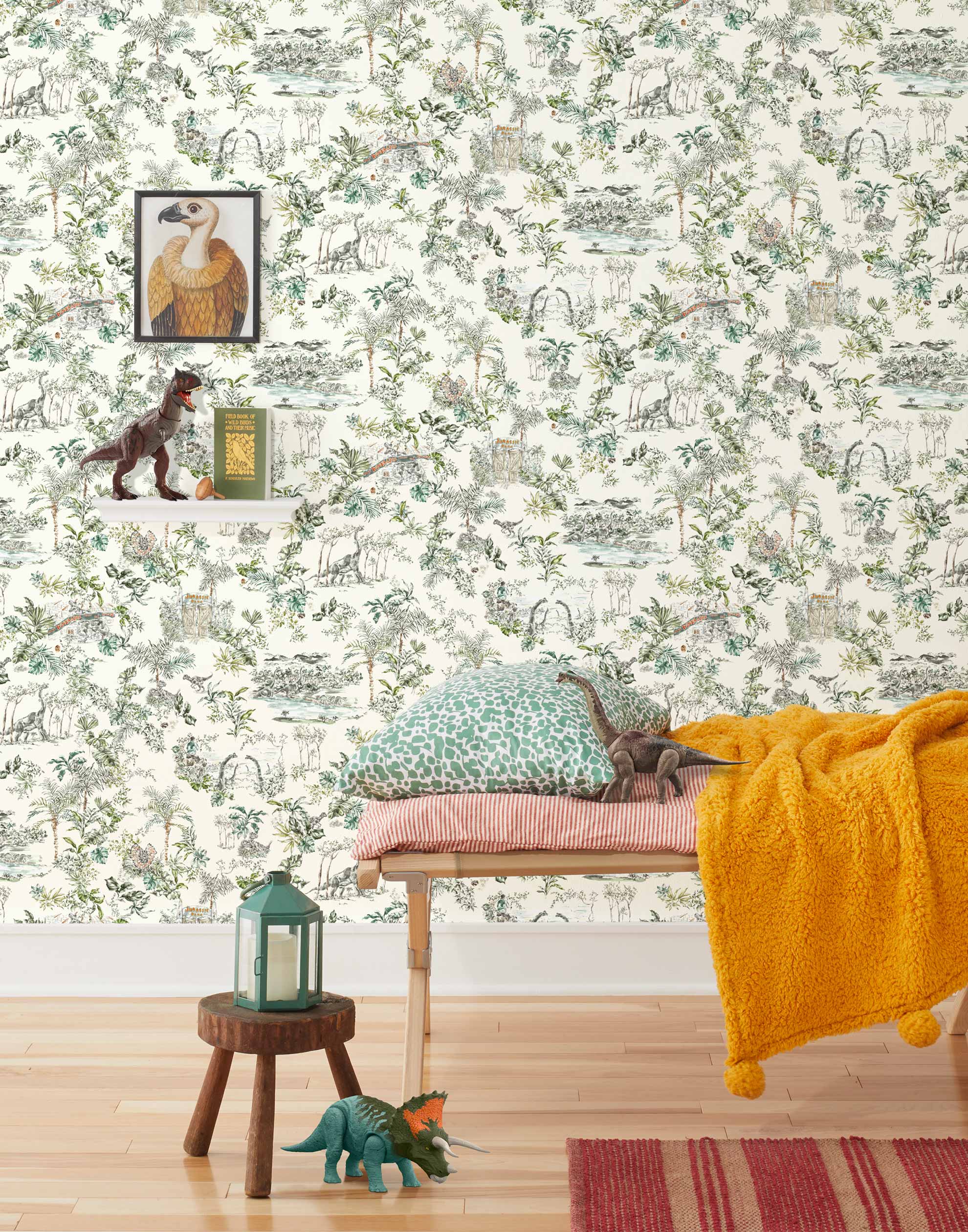 Dinosaur illustrated wallpaper inspired by the movie Jurassic Park | kids wallpaper | nursery wallpaper | off white background with brown and green illustrations