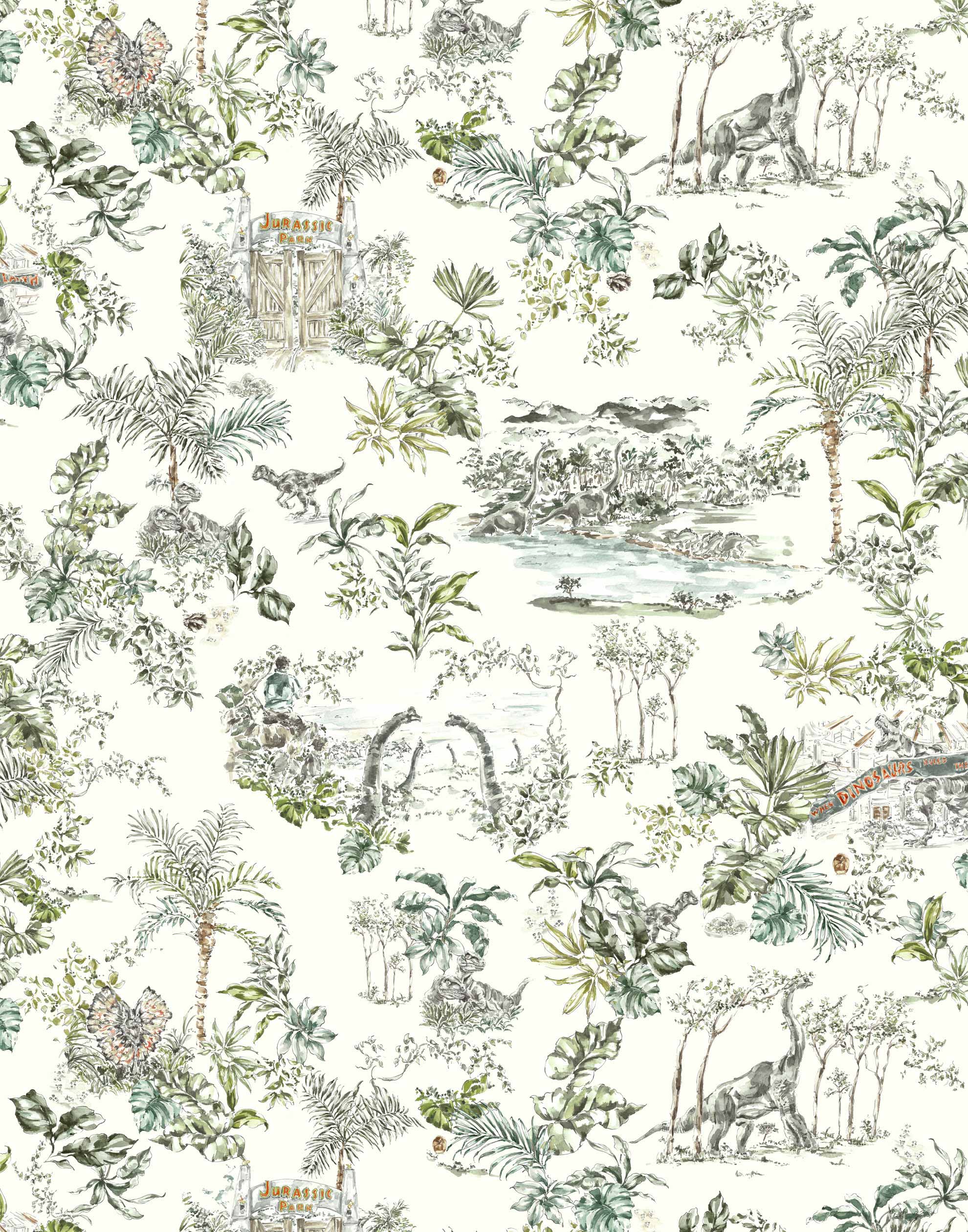 Dinosaur illustrated wallpaper inspired by the movie Jurassic Park | kids wallpaper | nursery wallpaper | off white background with brown and green illustrations
