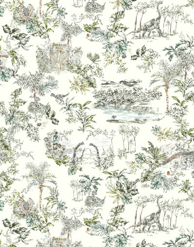 Dinosaur illustrated wallpaper inspired by the movie Jurassic Park | kids wallpaper | nursery wallpaper | off white background with brown and green illustrations