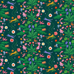 Cheetah's Garden (Emerald) wallpaper features Animals and fairies in a garden | dark green wallpaper with pink, red, yellow and purple illustrations | designed by Vikki Chu