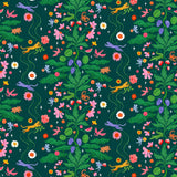 Cheetah's Garden (Emerald) wallpaper features Animals and fairies in a garden | dark green wallpaper with pink, red, yellow and purple illustrations | designed by Vikki Chu