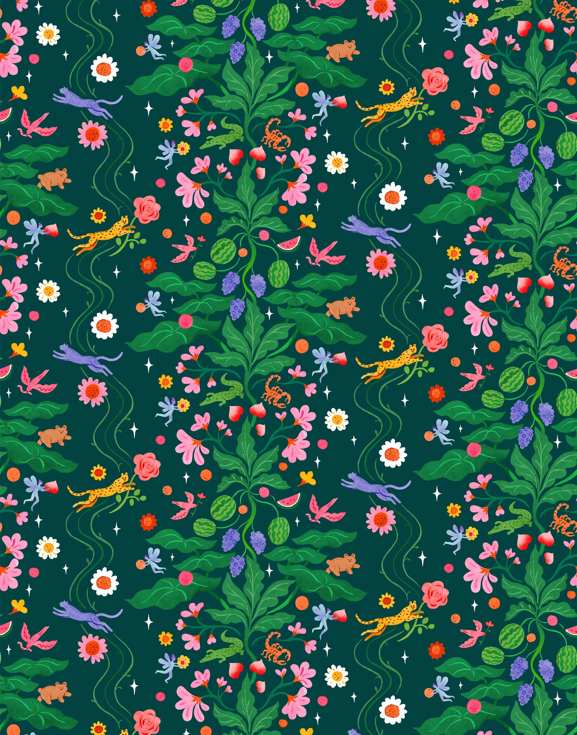 Cheetah's Garden (Emerald) wallpaper features Animals and fairies in a garden | dark green wallpaper with pink, red, yellow and purple illustrations | designed by Vikki Chu