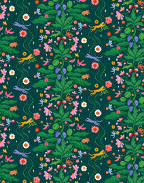 Cheetah's Garden (Emerald) wallpaper features Animals and fairies in a garden | dark green wallpaper with pink, red, yellow and purple illustrations | designed by Vikki Chu