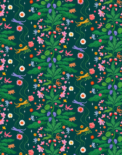 Cheetah's Garden (Emerald) wallpaper features Animals and fairies in a garden | dark green wallpaper with pink, red, yellow and purple illustrations | designed by Vikki Chu