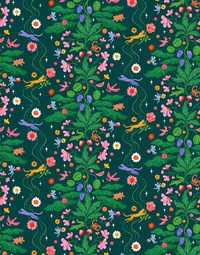Cheetah's Garden (Emerald) wallpaper features Animals and fairies in a garden | dark green wallpaper with pink, red, yellow and purple illustrations | designed by Vikki Chu