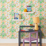Cheetah's Garden (Parchment) wallpaper features Animals and fairies in a garden | cream wallpaper with orange, pink, yellow and purple illustrations | designed by Vikki Chu