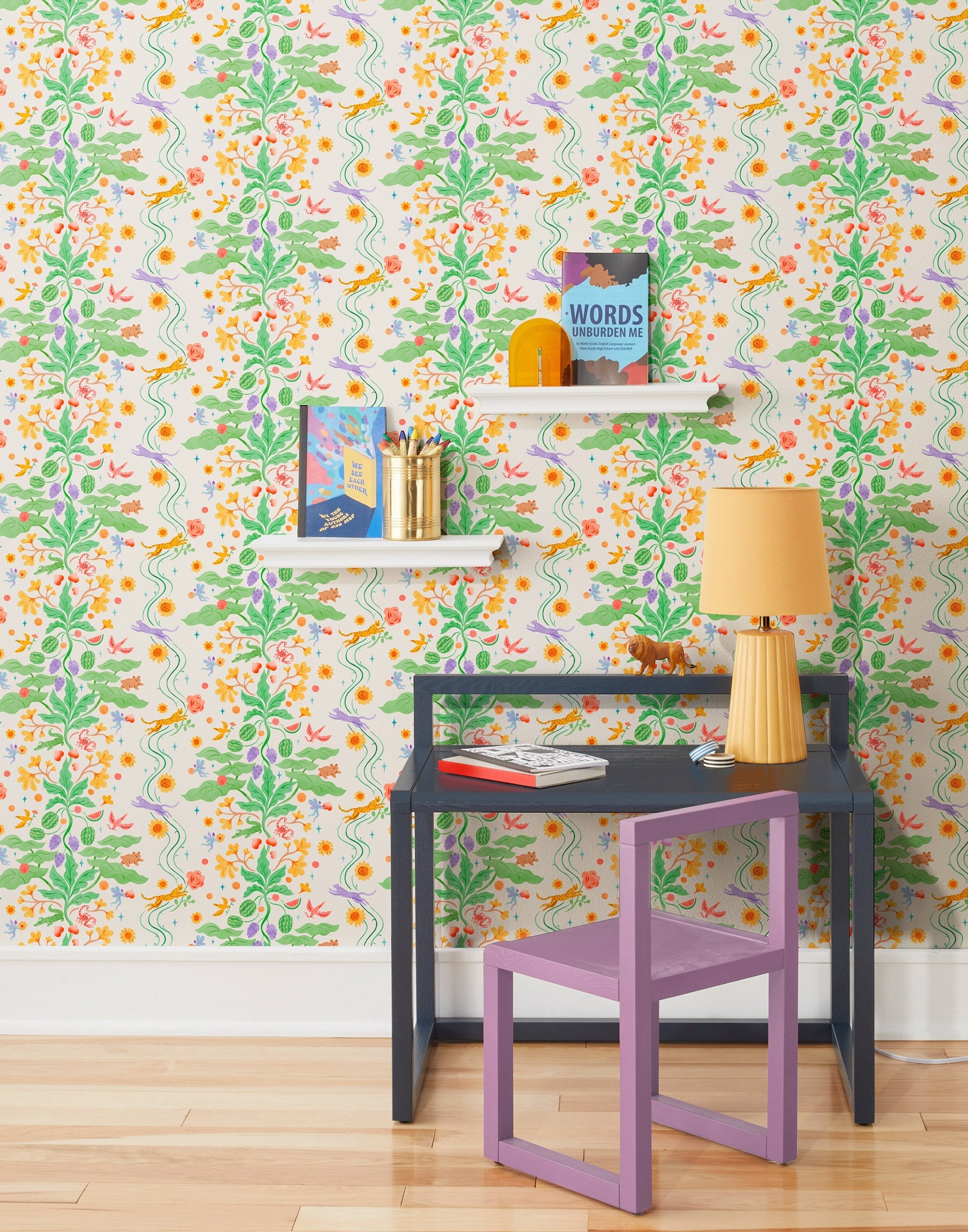 Cheetah's Garden (Parchment) wallpaper features Animals and fairies in a garden | cream wallpaper with orange, pink, yellow and purple illustrations | designed by Vikki Chu