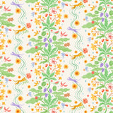 Cheetah's Garden (Parchment) wallpaper features Animals and fairies in a garden | cream wallpaper with orange, pink, yellow and purple illustrations | designed by Vikki Chu
