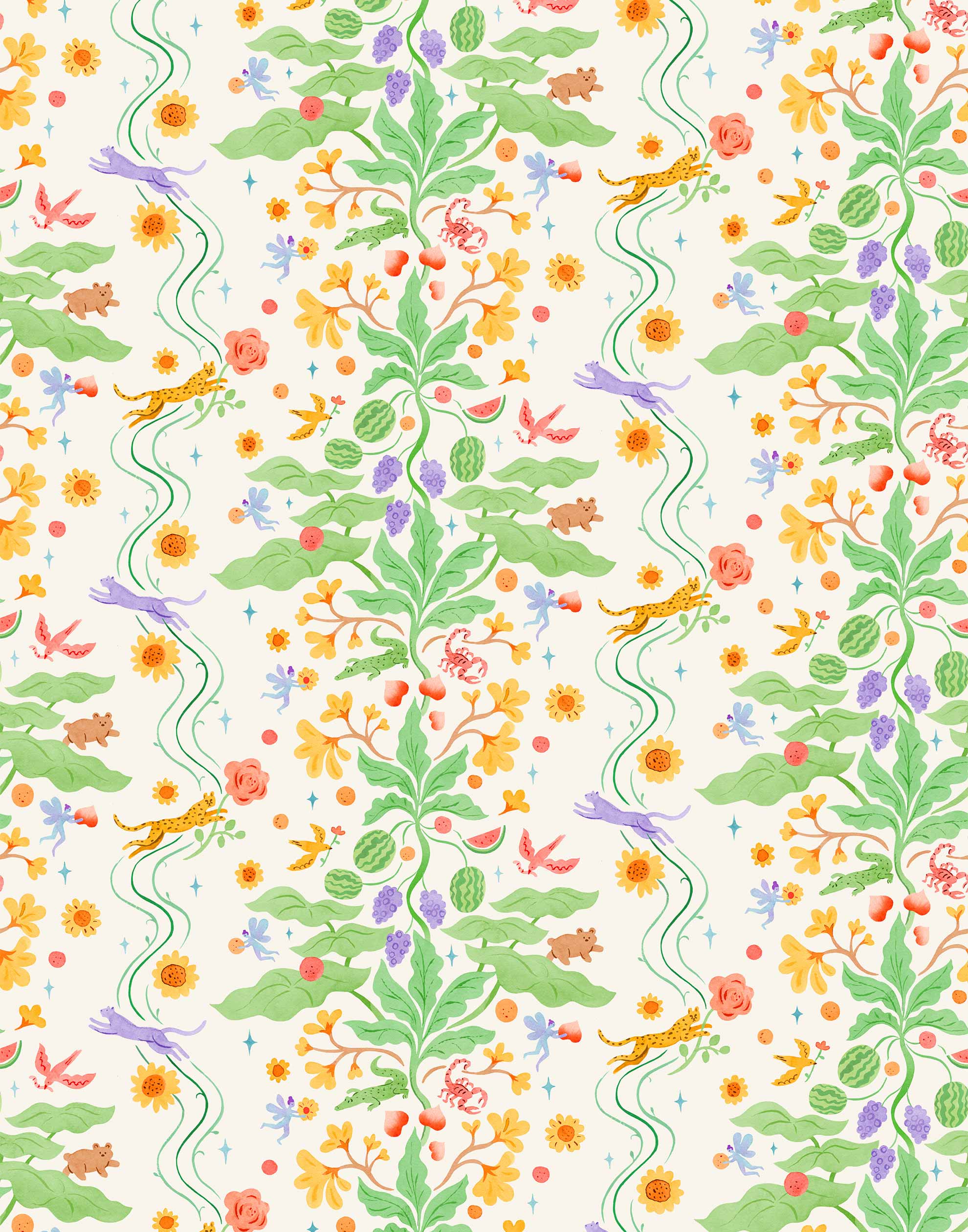 Cheetah's Garden (Parchment) wallpaper features Animals and fairies in a garden | cream wallpaper with orange, pink, yellow and purple illustrations | designed by Vikki Chu