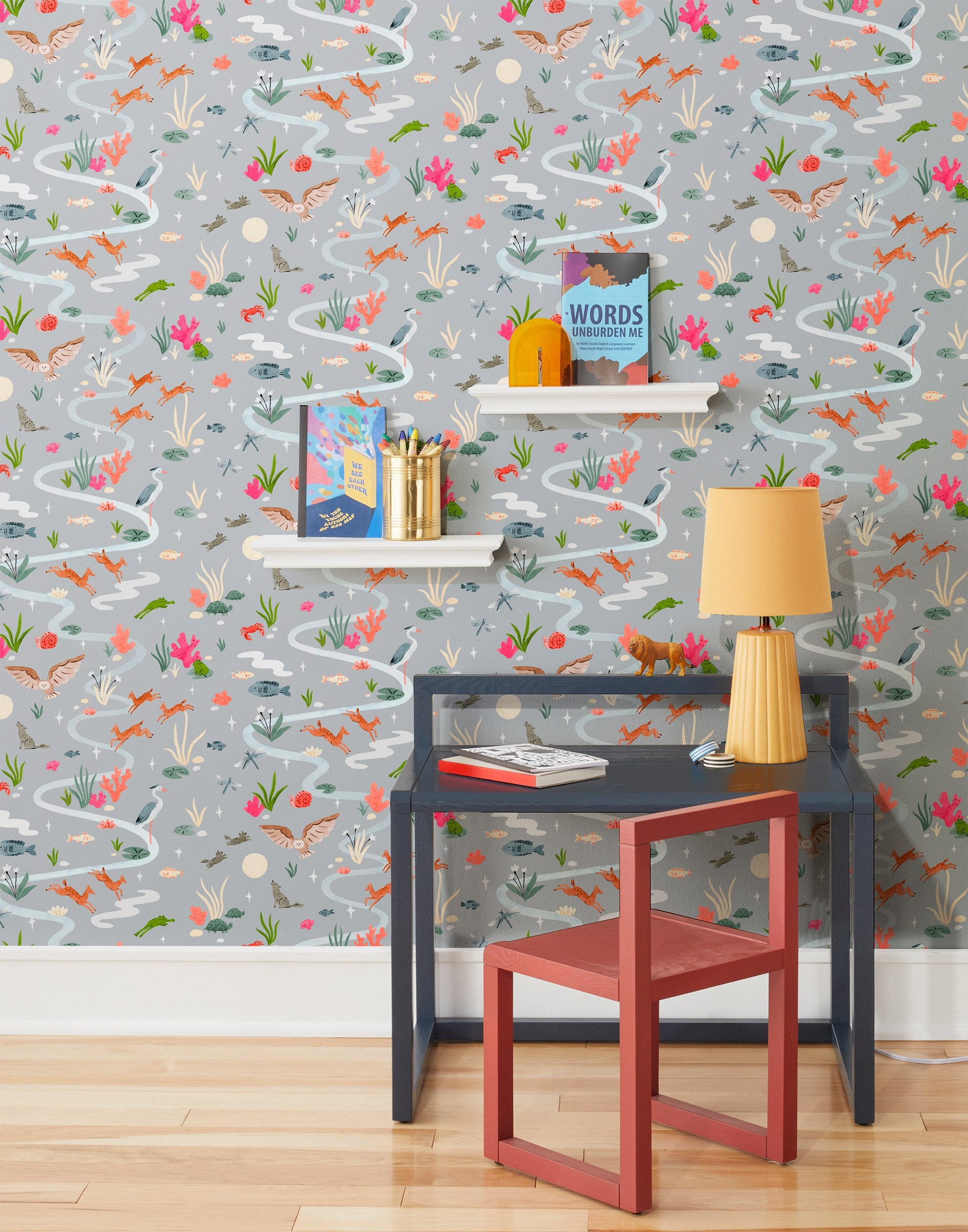 Space Owl (Gray) wallpaper features wildlife, fauna and a flowing river | light gray wallpaper with orange, white, brown, and green illustrations | designed by Vikki Chu