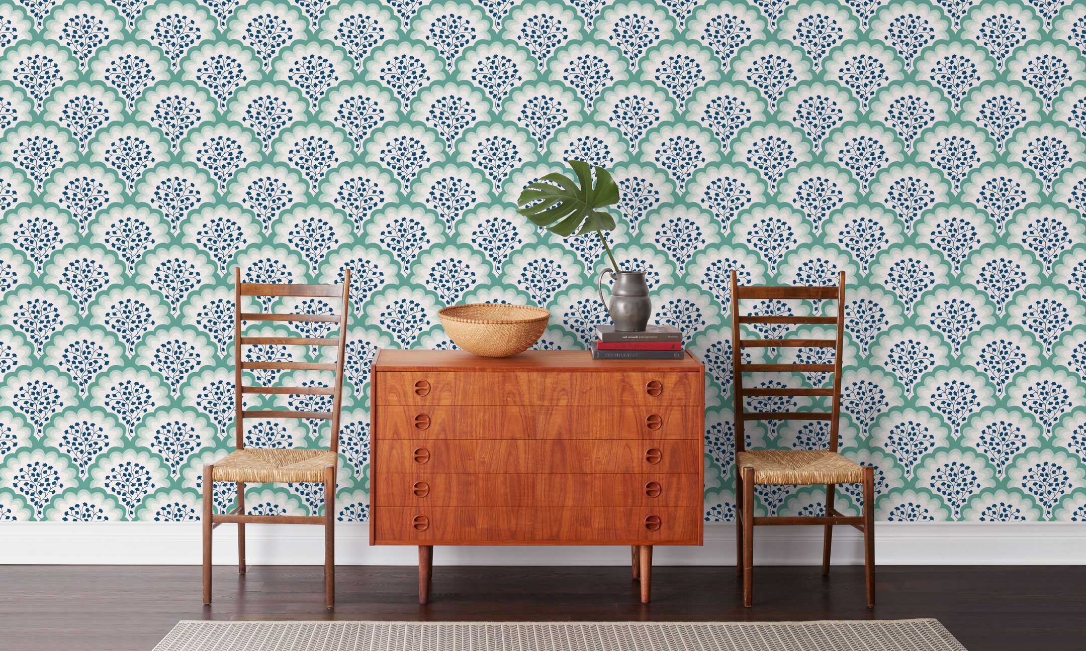 Angelina (Laurel) wallpaper features a White background with graduated green scallops and navy floral motif