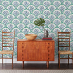 Angelina (Laurel) wallpaper features a White background with graduated green scallops and navy floral motif