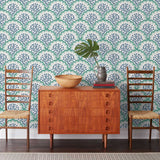 Angelina (Laurel) wallpaper features a White background with graduated green scallops and navy floral motif