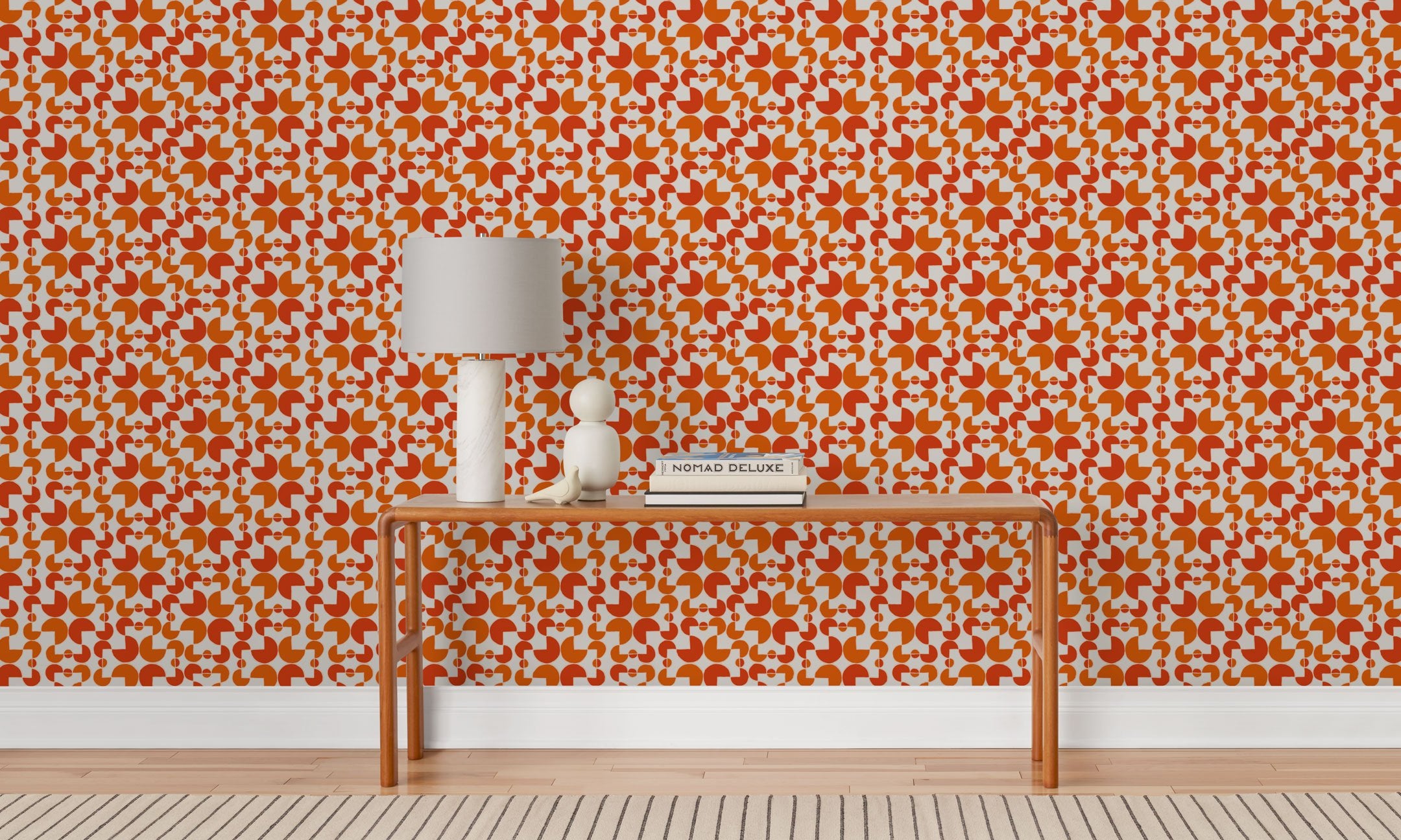 Arcade (Cayenne) wallpaper features modern, geometric lines and shapes in shades of orange