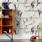 Balancing Act (Light Gray) wallpaper features colorful dancing monkeys and rabbits on a light gray background