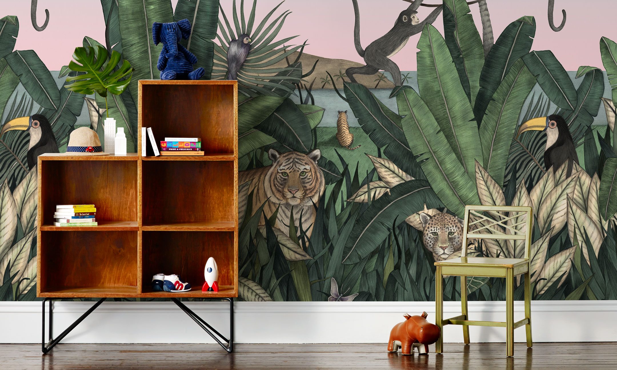 Bengal Sunrise wallpaper mural with Tigers and Monkeys inspired by The Jungle Book