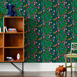 Cheetah's Garden (Emerald) wallpaper features Animals and fairies in a garden | dark green wallpaper with red, pink, yellow and purple illustrations | designed by Vikki Chu
