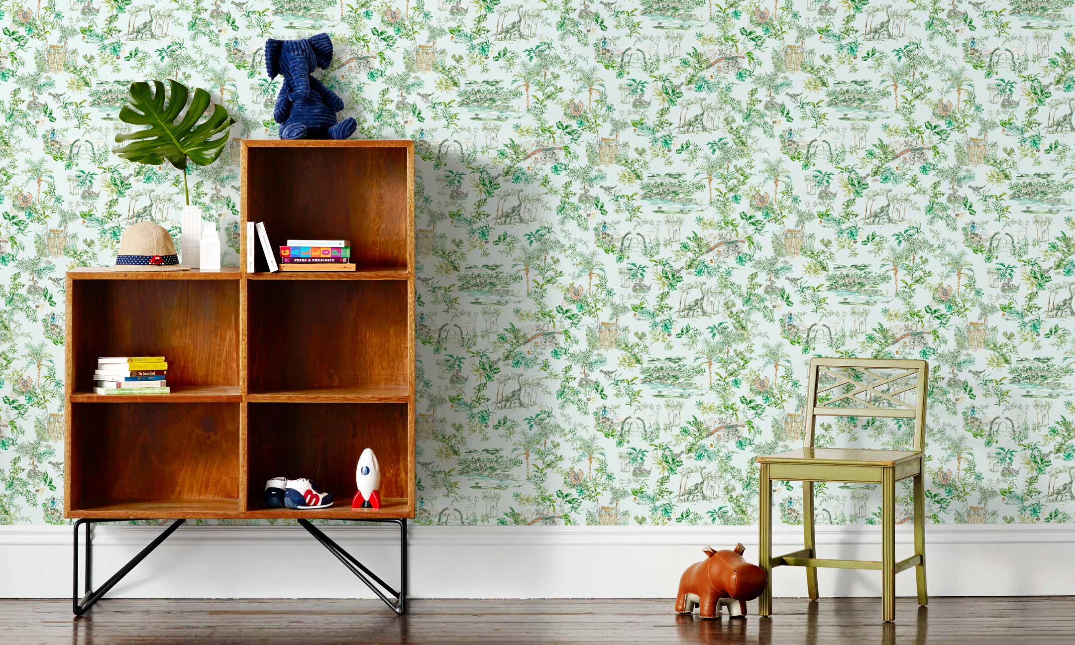 Dinosaur illustrated wallpaper inspired by the movie Jurassic Park | kids wallpaper | nursery wallpaper | light blue background with green and brown illustrations