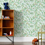 Dinosaur illustrated wallpaper inspired by the movie Jurassic Park | kids wallpaper | nursery wallpaper | light blue background with green and brown illustrations
