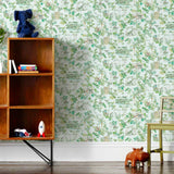 Dinosaur illustrated wallpaper inspired by the movie Jurassic Park | kids wallpaper | nursery wallpaper | light blue background with green and brown illustrations
